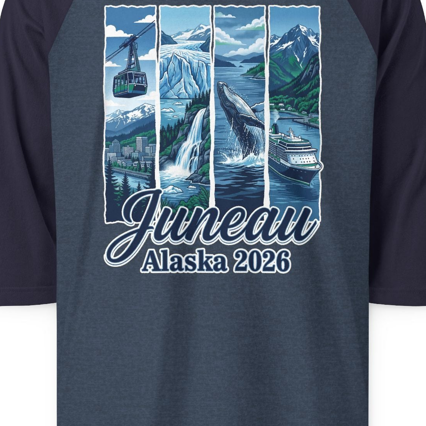 Juneau Alaska 2026 Cruise and Nature Souvenir Shirt — 3/4 Sleeve 3/4 Sleeve Raglan Shirt – Alaska Cruise Shirts Close Up
