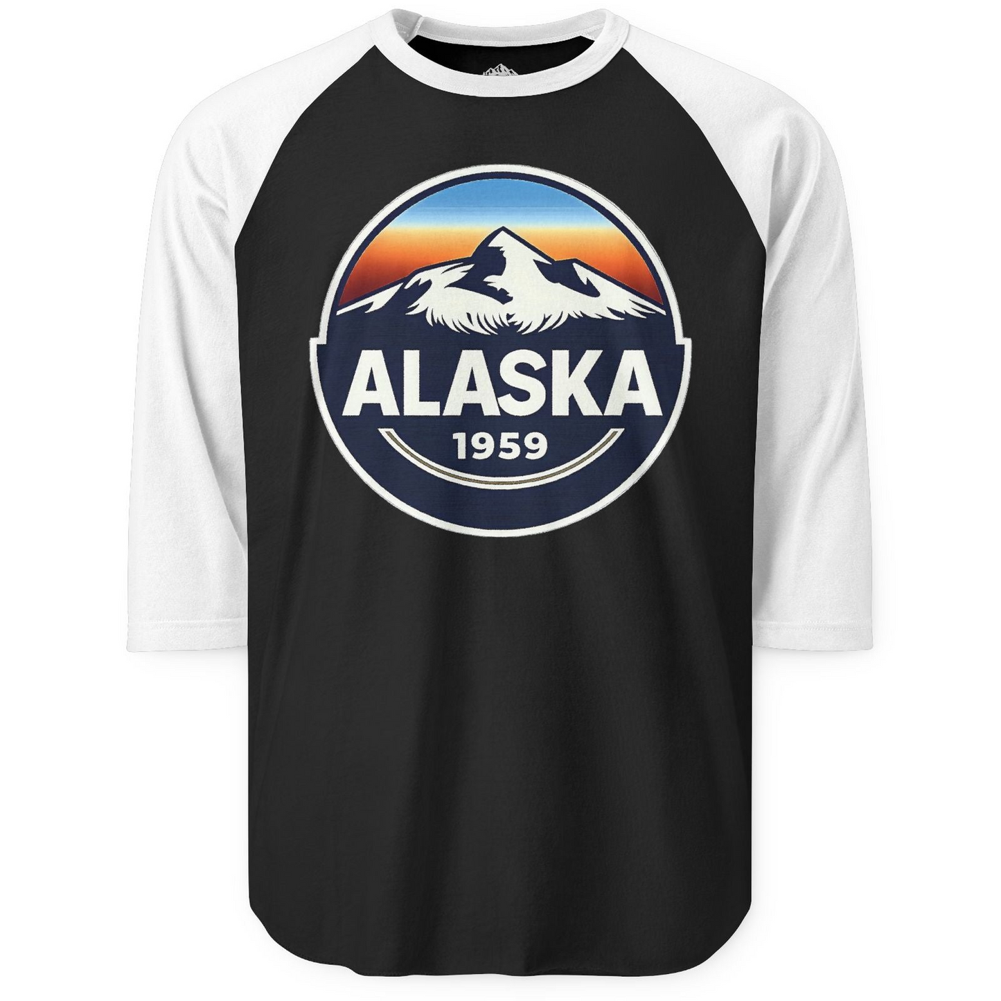 Alaska 1959 Retro Mountain Sunset Badge 3/4 sleeve shirt Vintage Statehood 3/4 sleeve shirt — 3/4 Sleeve 3/4 Sleeve Raglan Shirt – Black/White – Alaska Cruise Shirts