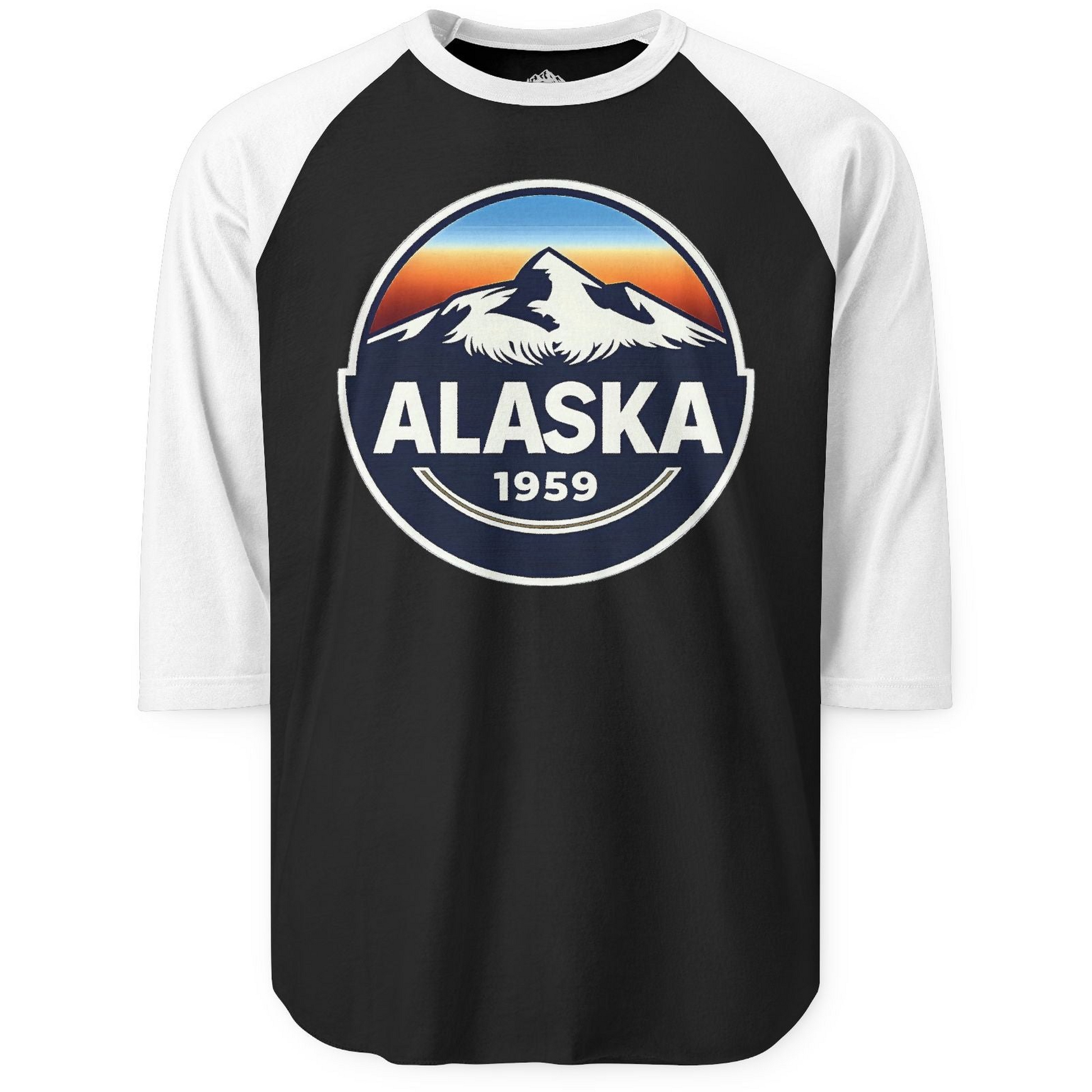 Alaska 1959 Retro Mountain Sunset Badge 3/4 sleeve shirt Vintage Statehood 3/4 sleeve shirt — 3/4 Sleeve 3/4 Sleeve Raglan Shirt – Black/White – Alaska Cruise Shirts