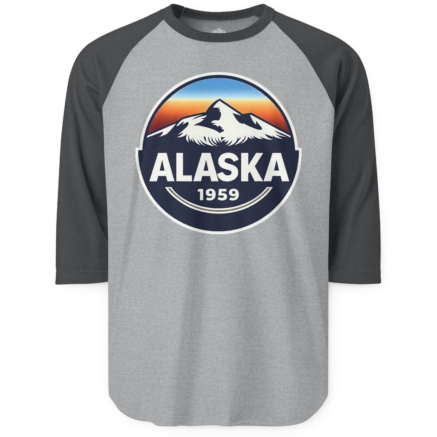 Alaska 1959 Retro Mountain Sunset Badge 3/4 sleeve shirt Vintage Statehood 3/4 sleeve shirt — 3/4 Sleeve 3/4 Sleeve Raglan Shirt – Heather Grey/Heather Charcoal – Alaska Cruise Shirts
