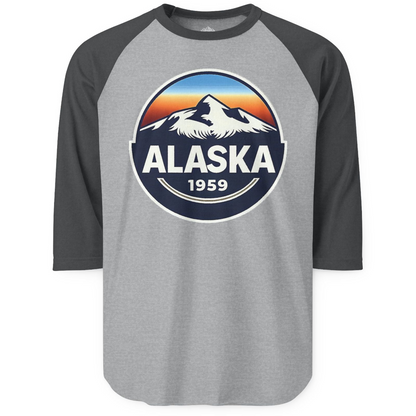 Alaska 1959 Retro Mountain Sunset Badge 3/4 sleeve shirt Vintage Statehood 3/4 sleeve shirt — 3/4 Sleeve 3/4 Sleeve Raglan Shirt – Heather Grey/Heather Charcoal – Alaska Cruise Shirts