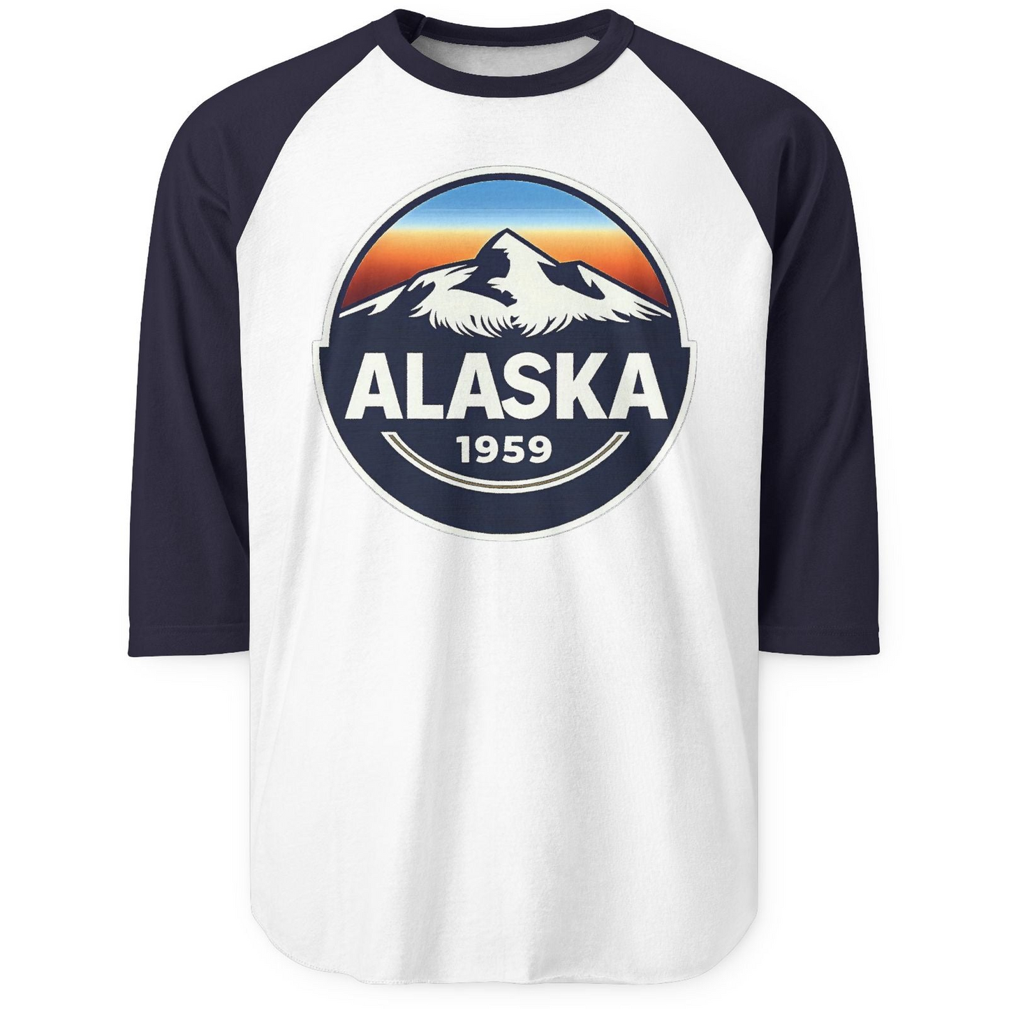 Alaska 1959 Retro Mountain Sunset Badge 3/4 sleeve shirt Vintage Statehood 3/4 sleeve shirt — 3/4 Sleeve 3/4 Sleeve Raglan Shirt – White/Navy – Alaska Cruise Shirts