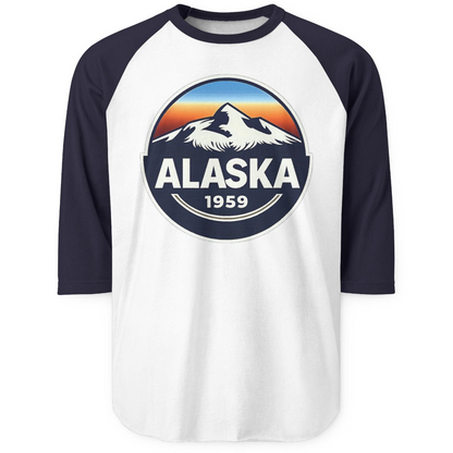Alaska 1959 Retro Mountain Sunset Badge 3/4 sleeve shirt Vintage Statehood 3/4 sleeve shirt — 3/4 Sleeve 3/4 Sleeve Raglan Shirt – White/Navy – Alaska Cruise Shirts
