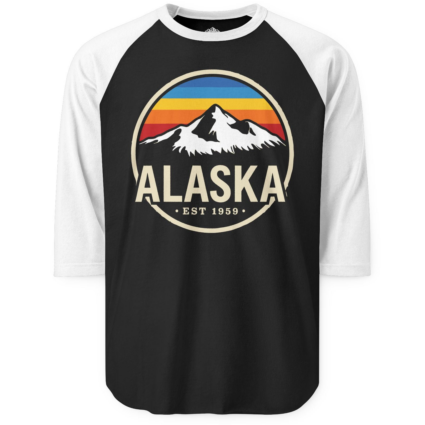 Alaska Vintage Mountain Sunset Shirt 3/4 Sleeve Raglan Shirt – Black/White – Alaska Cruise Shirts