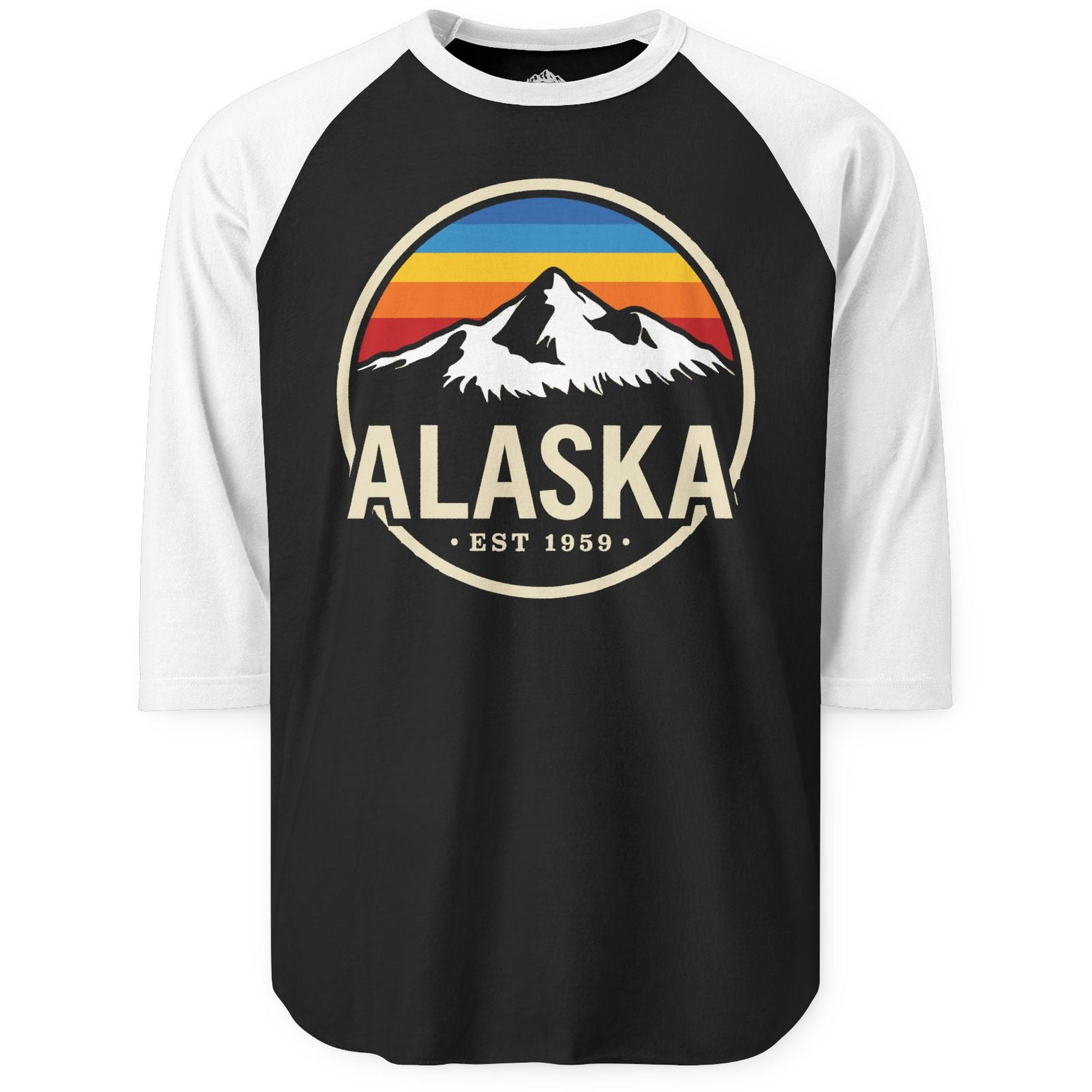 Alaska Vintage Mountain Sunset Shirt 3/4 Sleeve Raglan Shirt – Black/White – Alaska Cruise Shirts