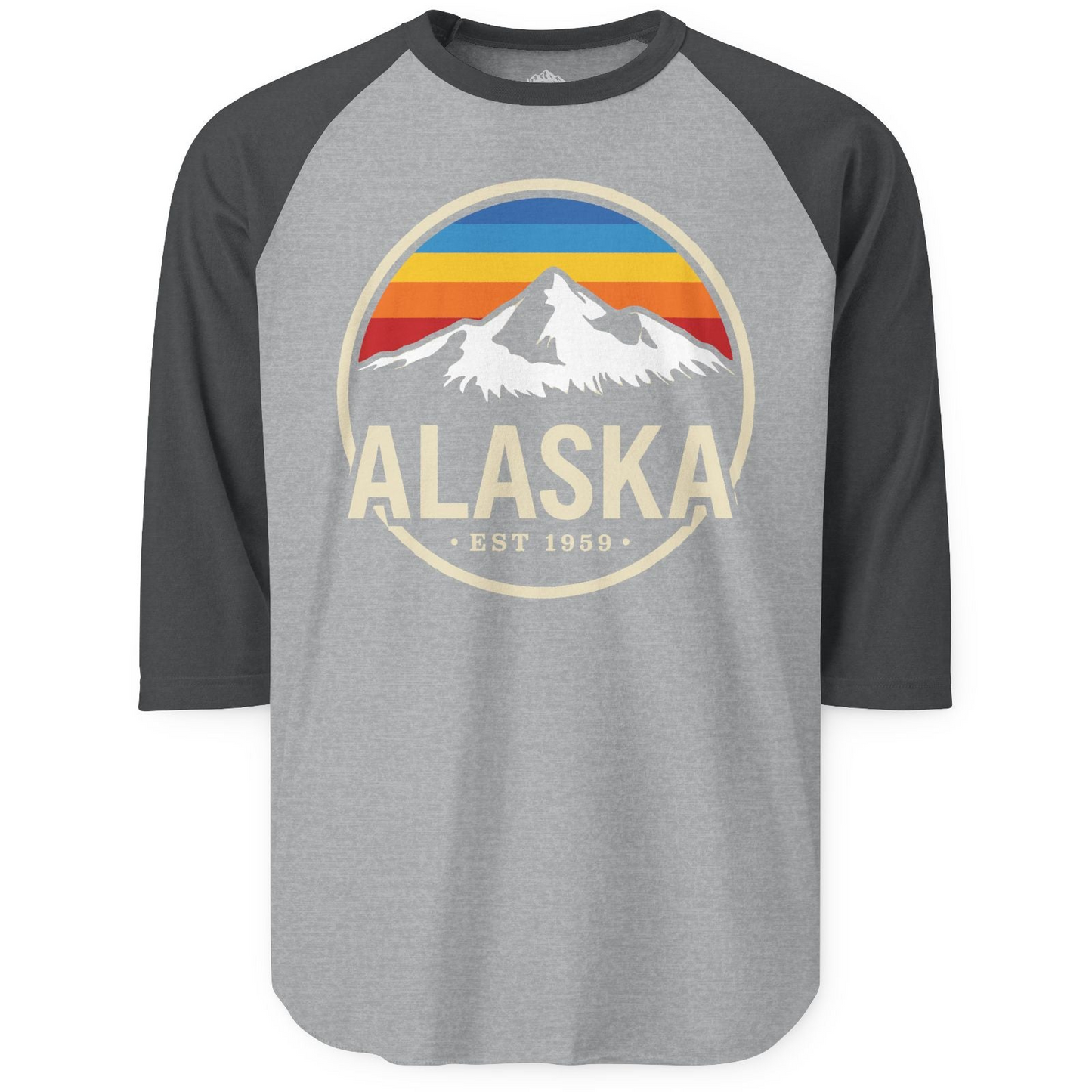 Alaska Vintage Mountain Sunset Shirt 3/4 Sleeve Raglan Shirt – Heather Grey/Heather Charcoal – Alaska Cruise Shirts