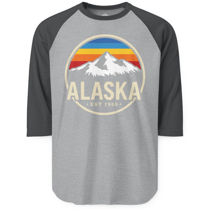 Alaska Vintage Mountain Sunset Shirt 3/4 Sleeve Raglan Shirt – Heather Grey/Heather Charcoal – Alaska Cruise Shirts