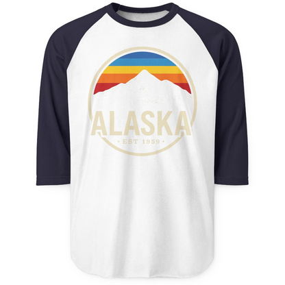 Alaska Vintage Mountain Sunset Shirt 3/4 Sleeve Raglan Shirt – White/Navy – Alaska Cruise Shirts