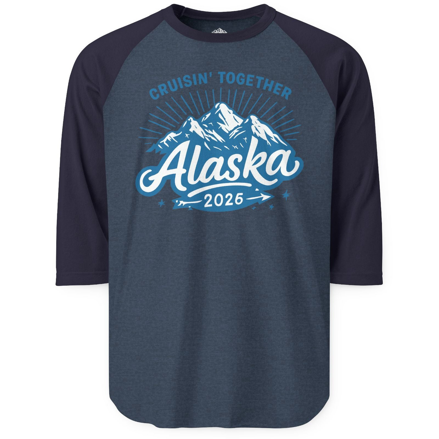 Alaska Cruise Mountains Adventure 3/4 sleeve shirt 3/4 Sleeve Raglan Shirt – Heather Denim/Navy – Alaska Cruise Shirts