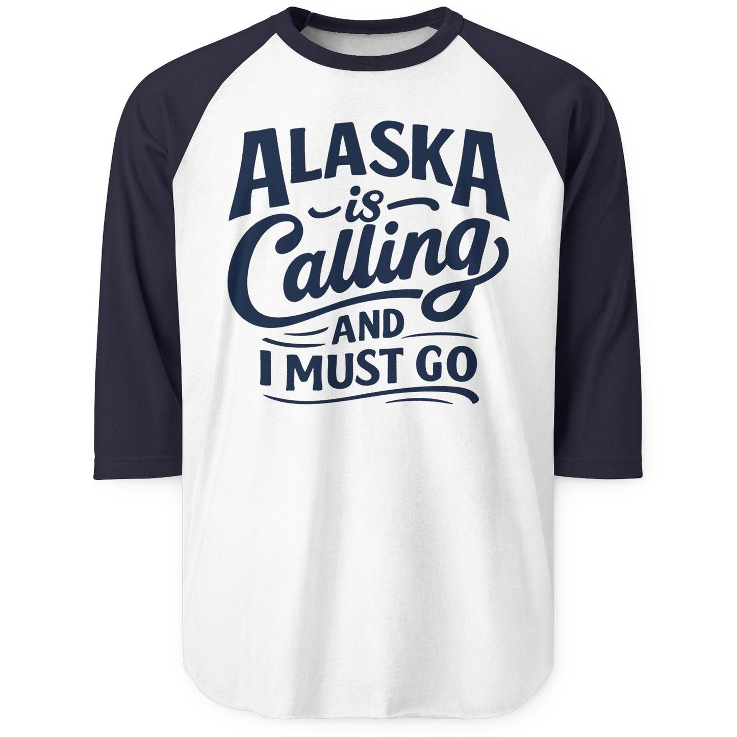 Alaska Is Calling Adventure Typography 3/4 sleeve shirt 3/4 Sleeve Raglan Shirt – White/Navy – Alaska Cruise Shirts