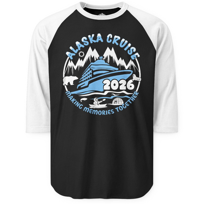 Alaska Cruise 2026 Family Adventure Shirt with Wildlife and Nature — 3/4 Sleeve 3/4 Sleeve Raglan Shirt – Black/White – Alaska Cruise Shirts