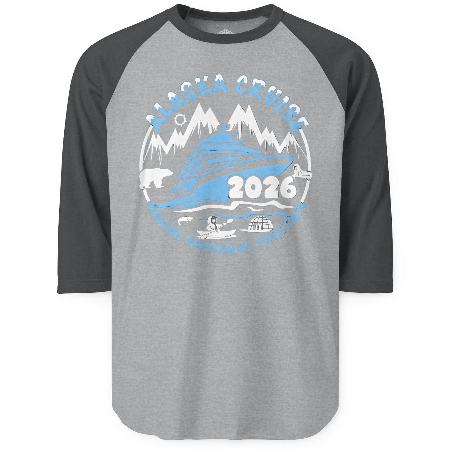 Alaska Cruise 2026 Family Adventure Shirt with Wildlife and Nature — 3/4 Sleeve 3/4 Sleeve Raglan Shirt – Heather Grey/Heather Charcoal – Alaska Cruise Shirts