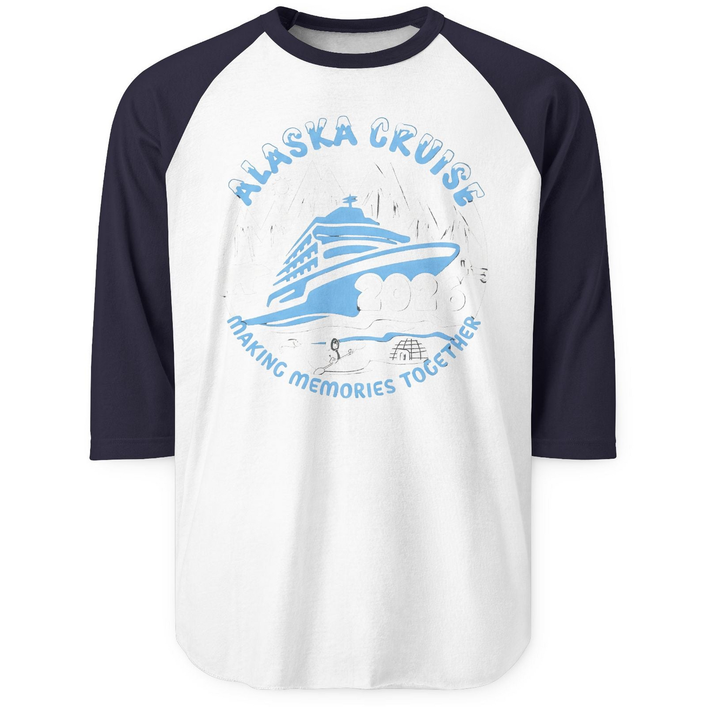 Alaska Cruise 2026 Family Adventure Shirt with Wildlife and Nature — 3/4 Sleeve 3/4 Sleeve Raglan Shirt – White/Navy – Alaska Cruise Shirts