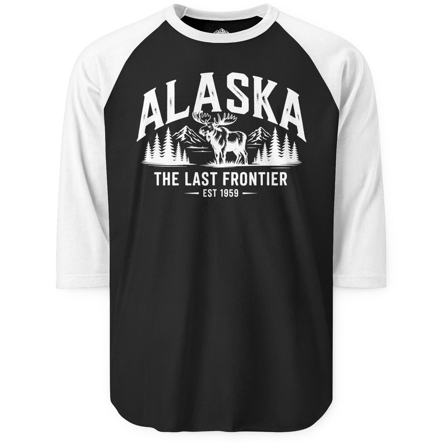 Alaska The Last Frontier Moose Mountain Wilderness Graphic Shirt — 3/4 Sleeve 3/4 Sleeve Raglan Shirt – Black/White – Alaska Cruise Shirts