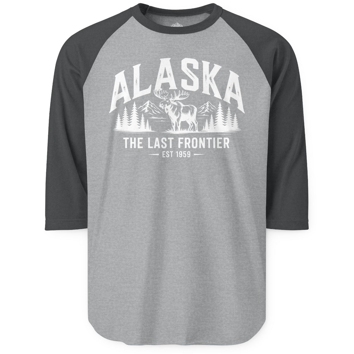 Alaska The Last Frontier Moose Mountain Wilderness Graphic Shirt — 3/4 Sleeve 3/4 Sleeve Raglan Shirt – Heather Grey/Heather Charcoal – Alaska Cruise Shirts