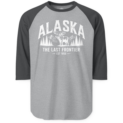Alaska The Last Frontier Moose Mountain Wilderness Graphic Shirt — 3/4 Sleeve 3/4 Sleeve Raglan Shirt – Heather Grey/Heather Charcoal – Alaska Cruise Shirts