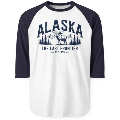 Alaska The Last Frontier Moose Mountain Wilderness Graphic Shirt — 3/4 Sleeve 3/4 Sleeve Raglan Shirt – White/Navy – Alaska Cruise Shirts