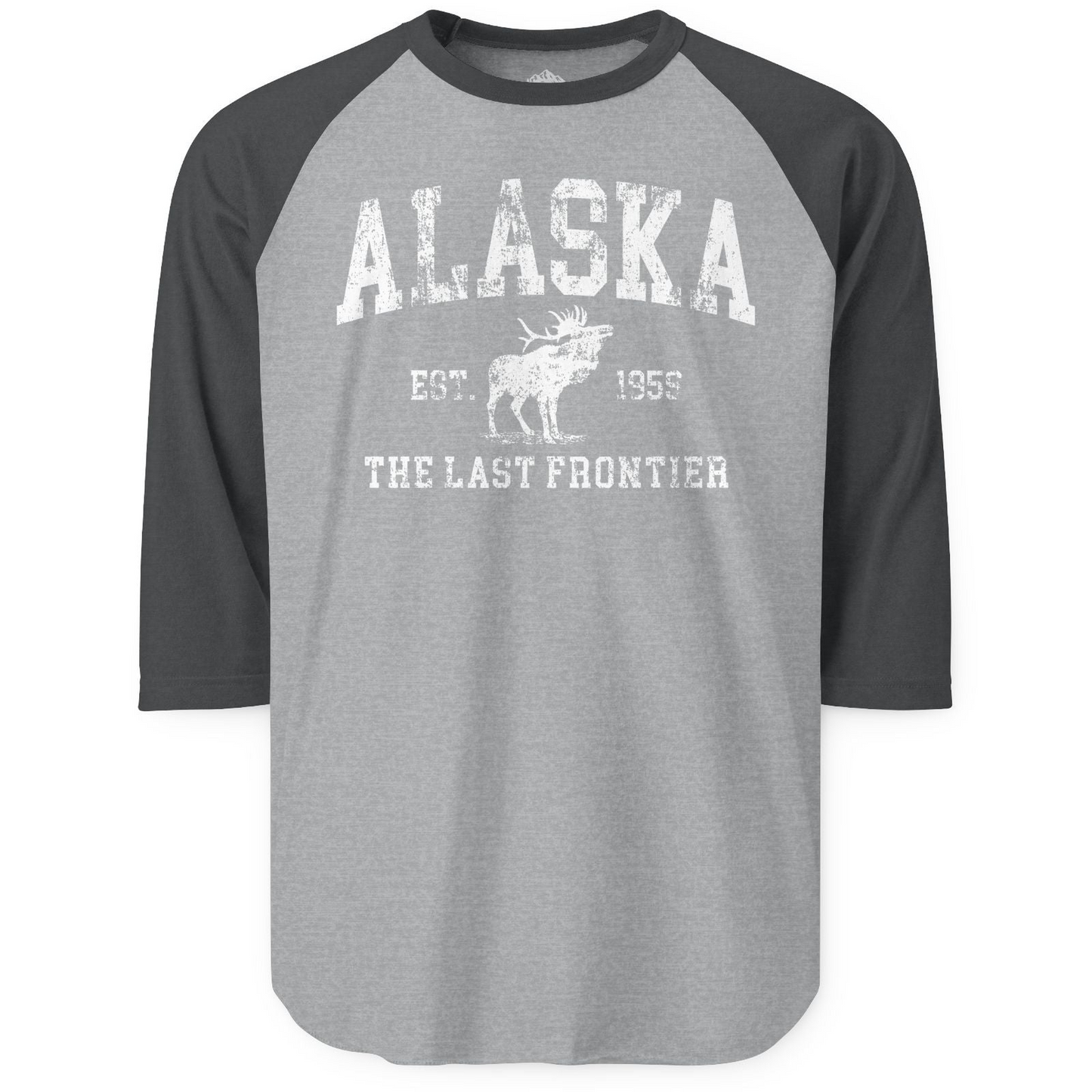 Vintage Alaska Moose Shirt 3/4 Sleeve Raglan Shirt – Heather Grey/Heather Charcoal – Alaska Cruise Shirts