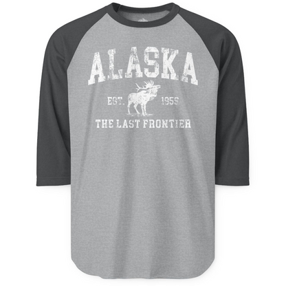Vintage Alaska Moose Shirt 3/4 Sleeve Raglan Shirt – Heather Grey/Heather Charcoal – Alaska Cruise Shirts