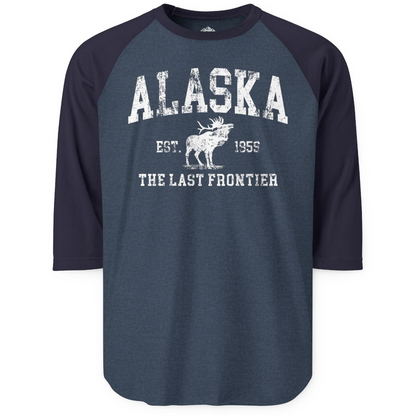 Vintage Alaska Moose Shirt 3/4 Sleeve Raglan Shirt – Heather Denim/Navy – Alaska Cruise Shirts