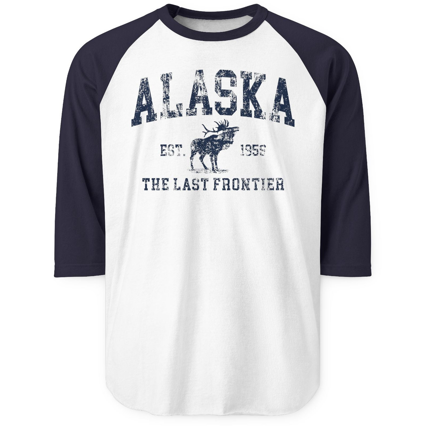 Vintage Alaska Moose Shirt 3/4 Sleeve Raglan Shirt – White/Navy – Alaska Cruise Shirts