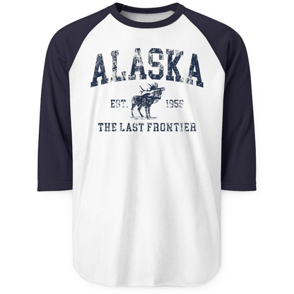 Vintage Alaska Moose Shirt 3/4 Sleeve Raglan Shirt – White/Navy – Alaska Cruise Shirts