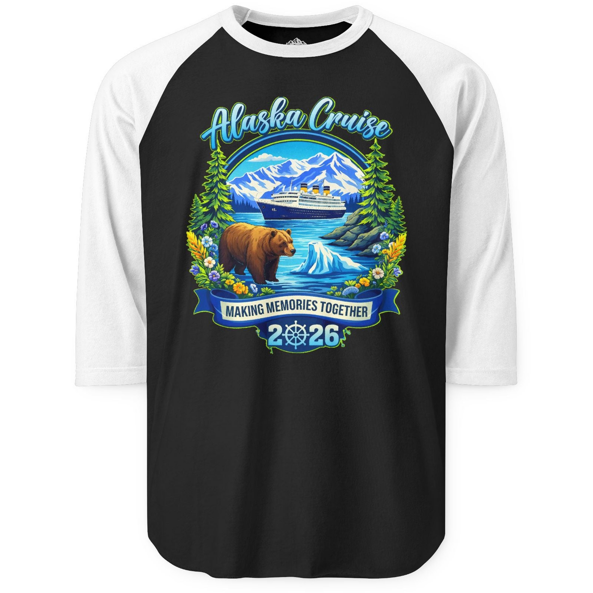 Alaska Cruise 2026 Family 3/4 sleeve shirt 3/4 Sleeve Raglan Shirt – Black/White – Alaska Cruise Shirts
