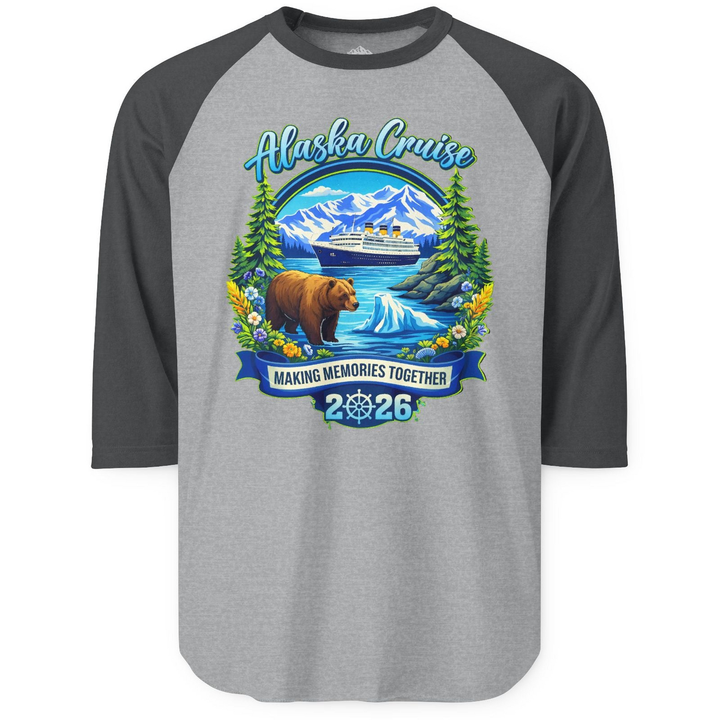 Alaska Cruise 2026 Family 3/4 sleeve shirt 3/4 Sleeve Raglan Shirt – Heather Grey/Heather Charcoal – Alaska Cruise Shirts