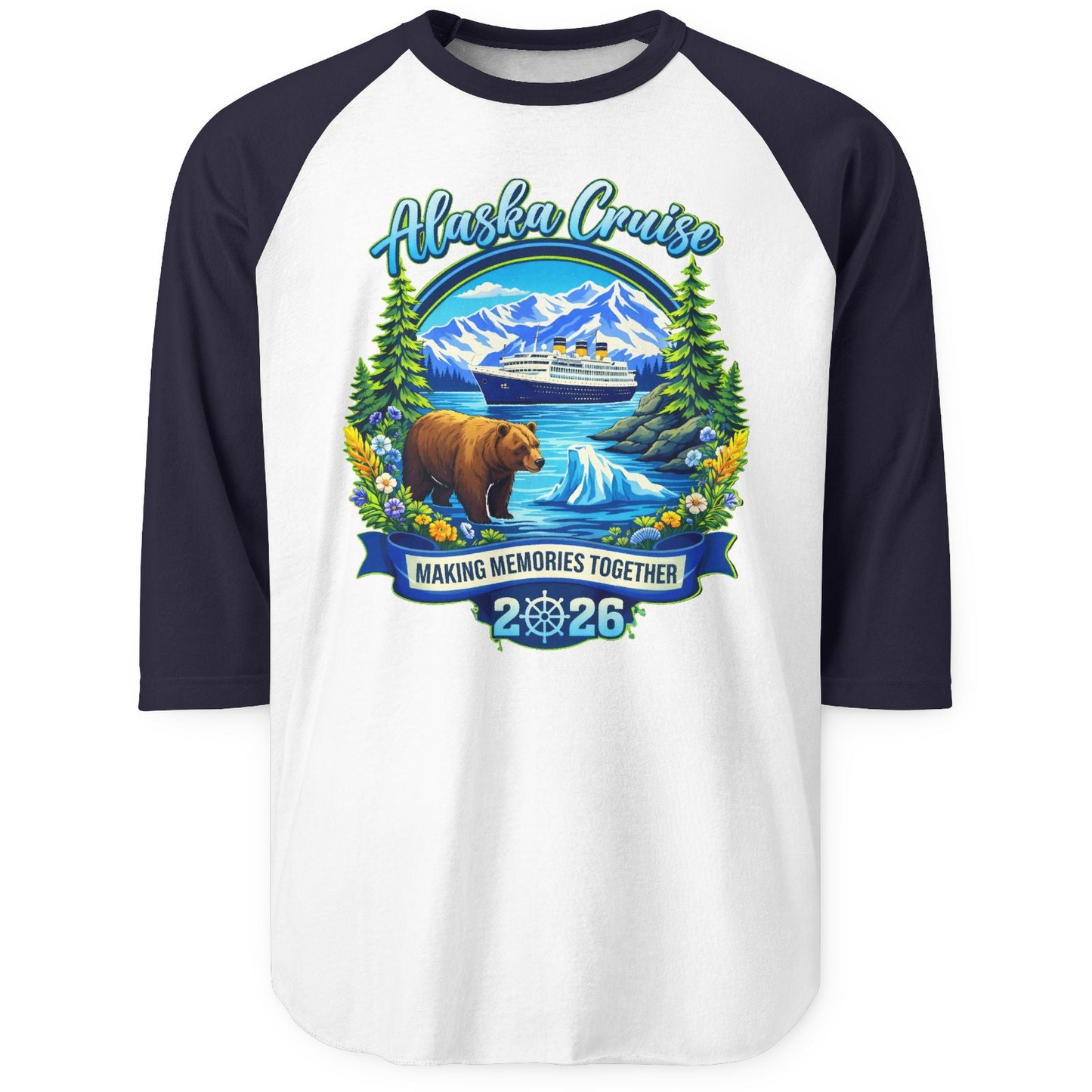 Alaska Cruise 2026 Family 3/4 sleeve shirt 3/4 Sleeve Raglan Shirt – White/Navy – Alaska Cruise Shirts