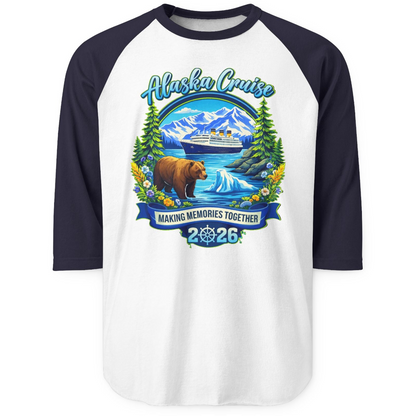 Alaska Cruise 2026 Family 3/4 sleeve shirt 3/4 Sleeve Raglan Shirt – White/Navy – Alaska Cruise Shirts
