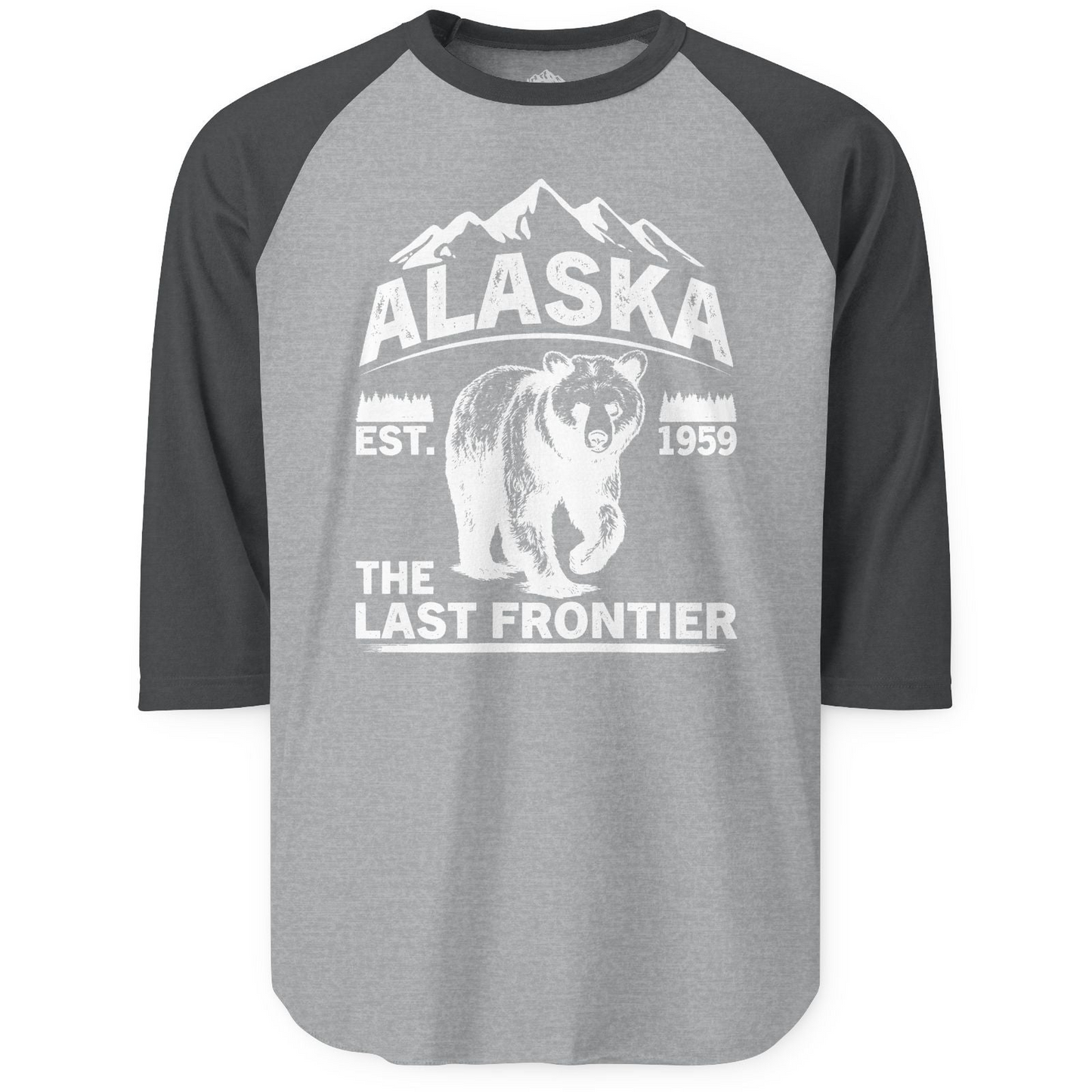 Alaska Bear Shirt 3/4 Sleeve Raglan Shirt – Heather Grey/Heather Charcoal – Alaska Cruise Shirts