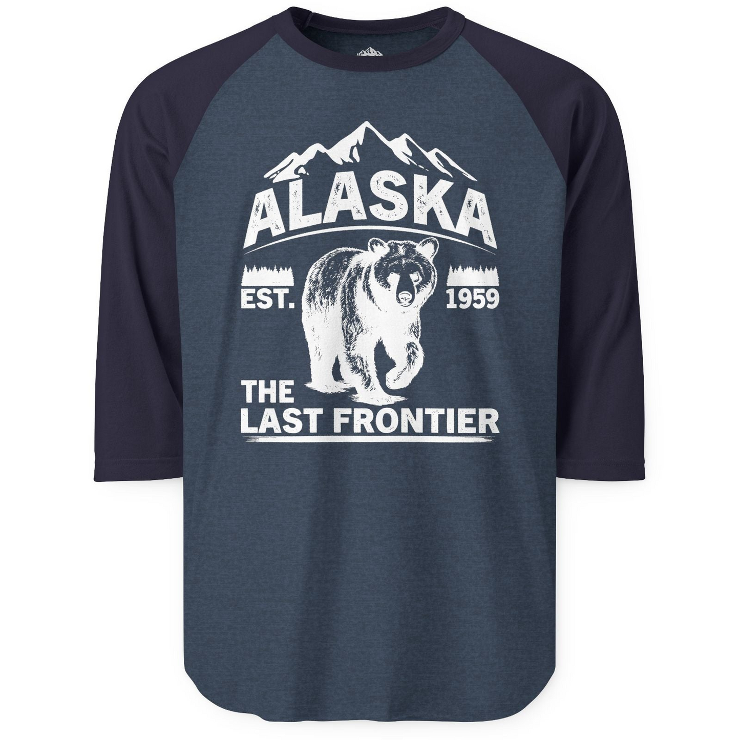Alaska Bear Shirt 3/4 Sleeve Raglan Shirt – Heather Denim/Navy – Alaska Cruise Shirts