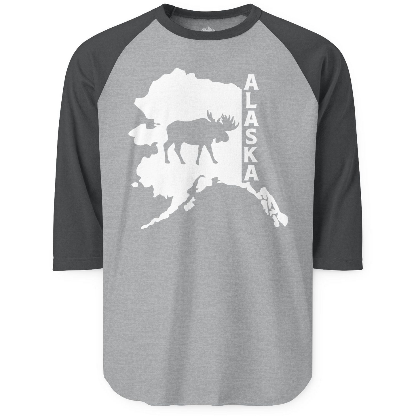 Alaska Moose Silhouette Shirt 3/4 Sleeve Raglan Shirt – Heather Grey/Heather Charcoal – Alaska Cruise Shirts
