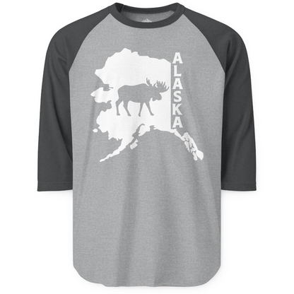 Alaska Moose Silhouette Shirt 3/4 Sleeve Raglan Shirt – Heather Grey/Heather Charcoal – Alaska Cruise Shirts