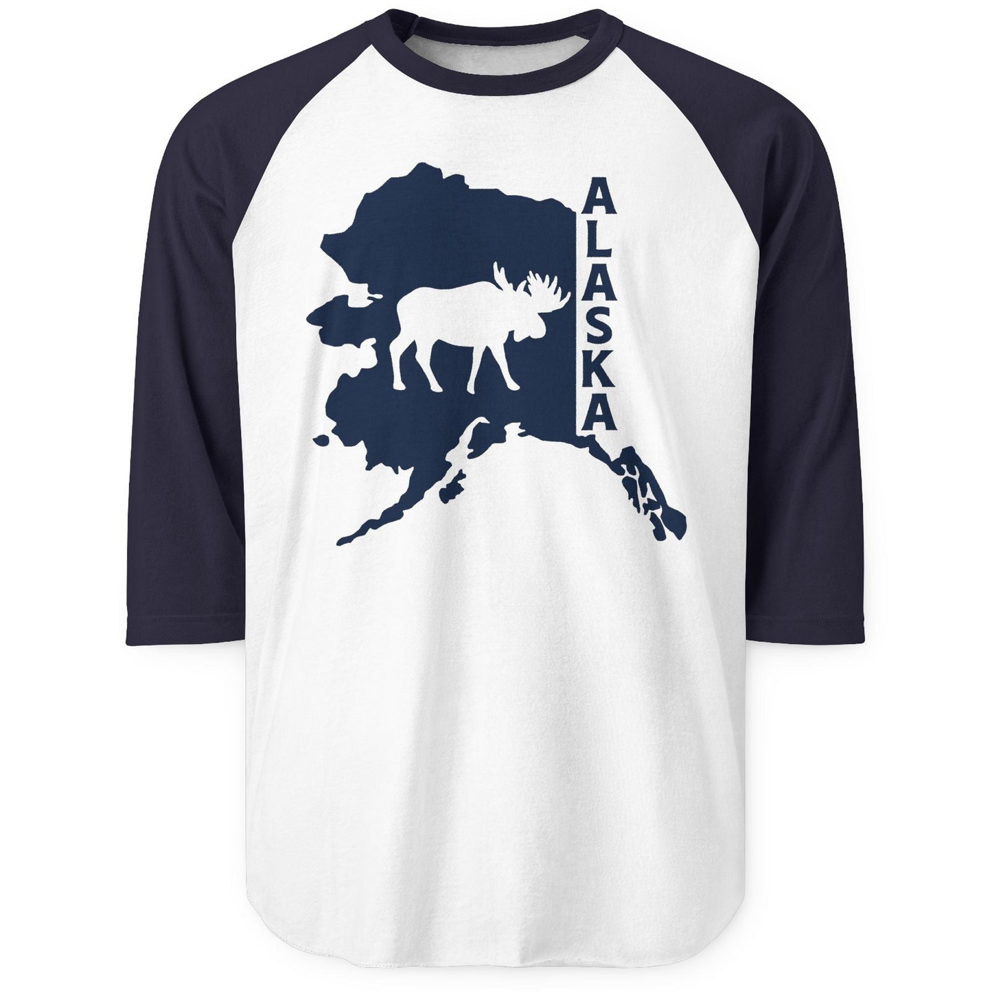 Alaska Moose Silhouette Shirt 3/4 Sleeve Raglan Shirt – White/Navy – Alaska Cruise Shirts