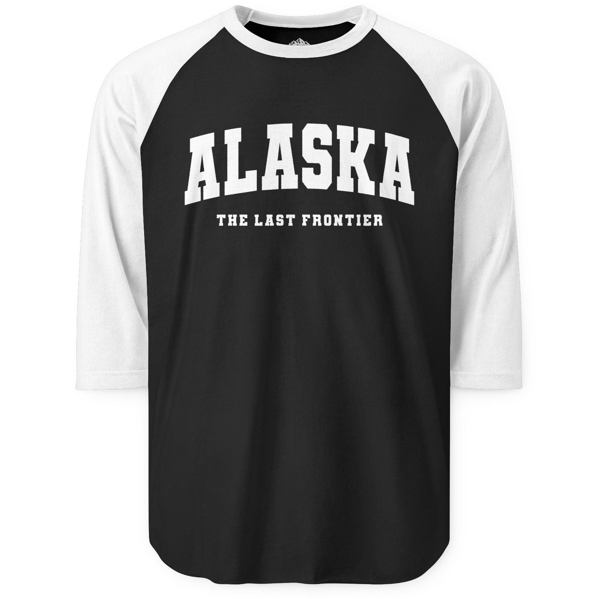 Alaska The Last Frontier Bold Collegiate Vintage State Pride Shirt — 3/4 Sleeve 3/4 Sleeve Raglan Shirt – Black/White – Alaska Cruise Shirts