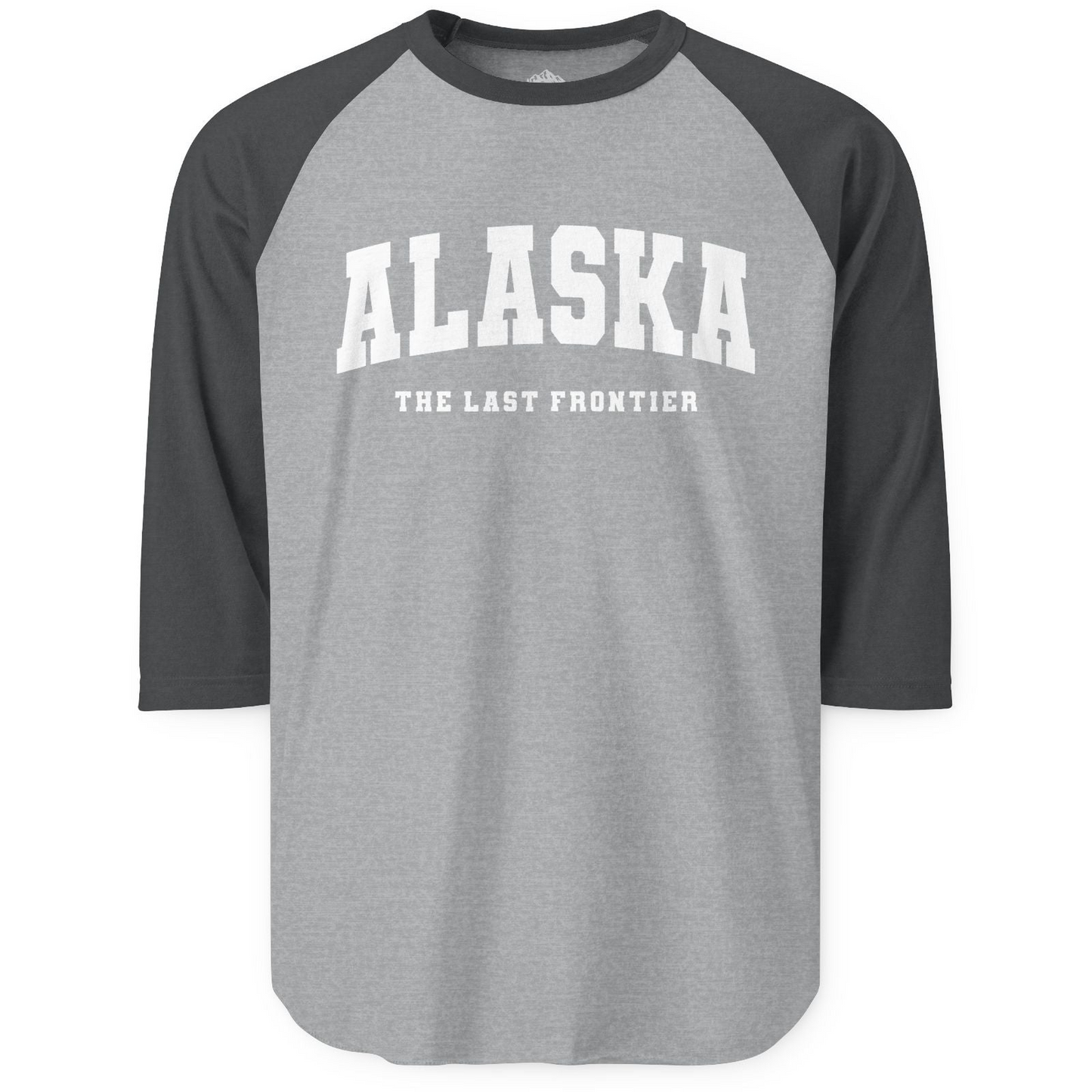 Alaska The Last Frontier Bold Collegiate Vintage State Pride Shirt — 3/4 Sleeve 3/4 Sleeve Raglan Shirt – Heather Grey/Heather Charcoal – Alaska Cruise Shirts