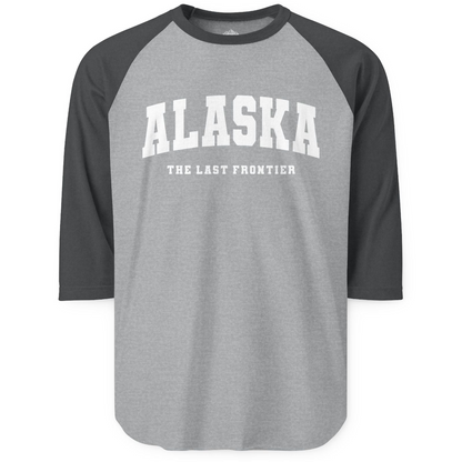 Alaska The Last Frontier Bold Collegiate Vintage State Pride Shirt — 3/4 Sleeve 3/4 Sleeve Raglan Shirt – Heather Grey/Heather Charcoal – Alaska Cruise Shirts