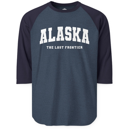 Alaska The Last Frontier Bold Collegiate Vintage State Pride Shirt — 3/4 Sleeve 3/4 Sleeve Raglan Shirt – Heather Denim/Navy – Alaska Cruise Shirts