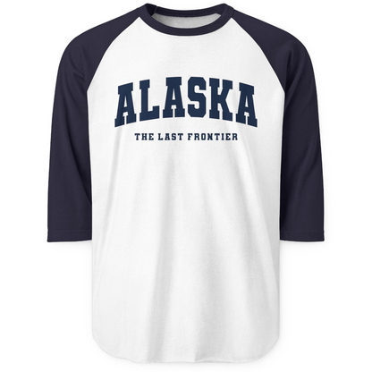 Alaska The Last Frontier Bold Collegiate Vintage State Pride Shirt — 3/4 Sleeve 3/4 Sleeve Raglan Shirt – White/Navy – Alaska Cruise Shirts