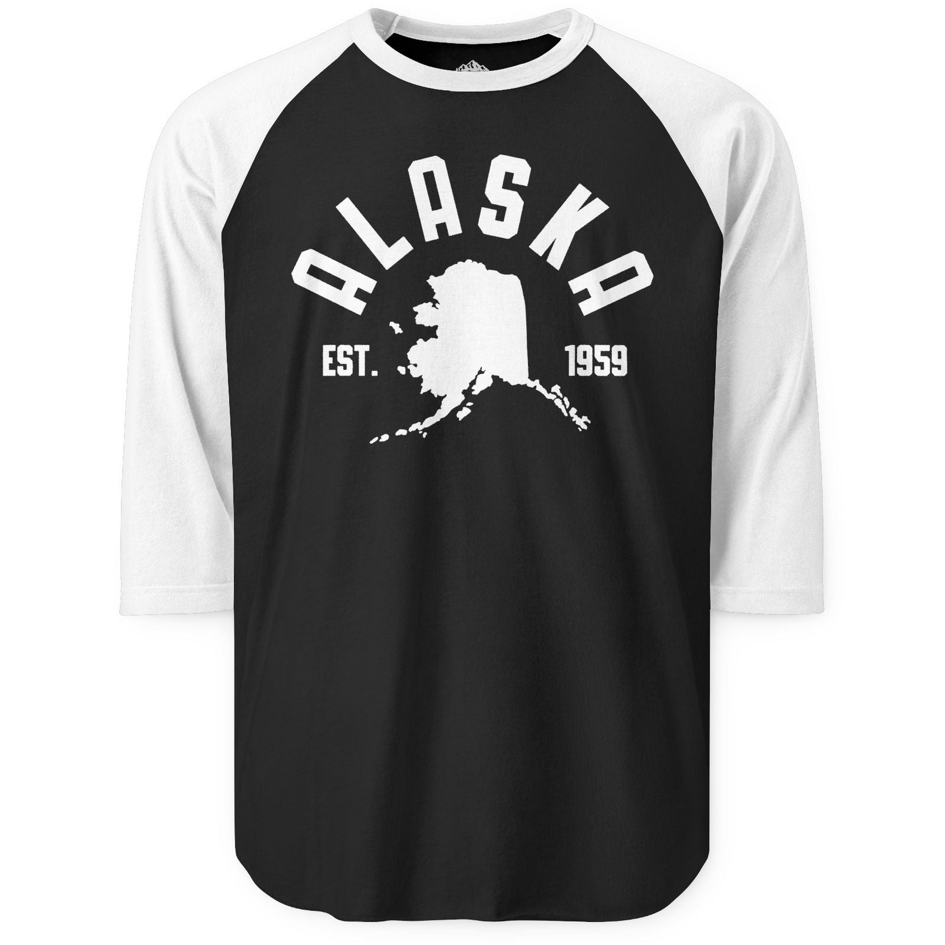 Vintage Alaska State Outline Est 1959 Retro Collegiate Shirt — 3/4 Sleeve 3/4 Sleeve Raglan Shirt – Black/White – Alaska Cruise Shirts