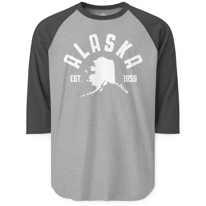 Vintage Alaska State Outline Est 1959 Retro Collegiate Shirt — 3/4 Sleeve 3/4 Sleeve Raglan Shirt – Heather Grey/Heather Charcoal – Alaska Cruise Shirts