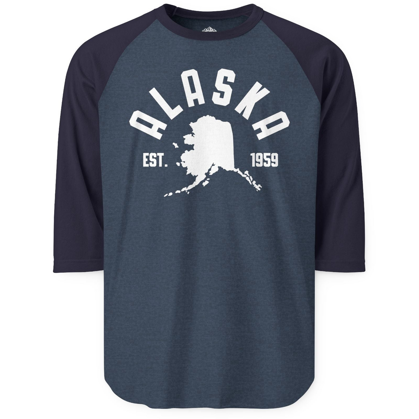 Vintage Alaska State Outline Est 1959 Retro Collegiate Shirt — 3/4 Sleeve 3/4 Sleeve Raglan Shirt – Heather Denim/Navy – Alaska Cruise Shirts
