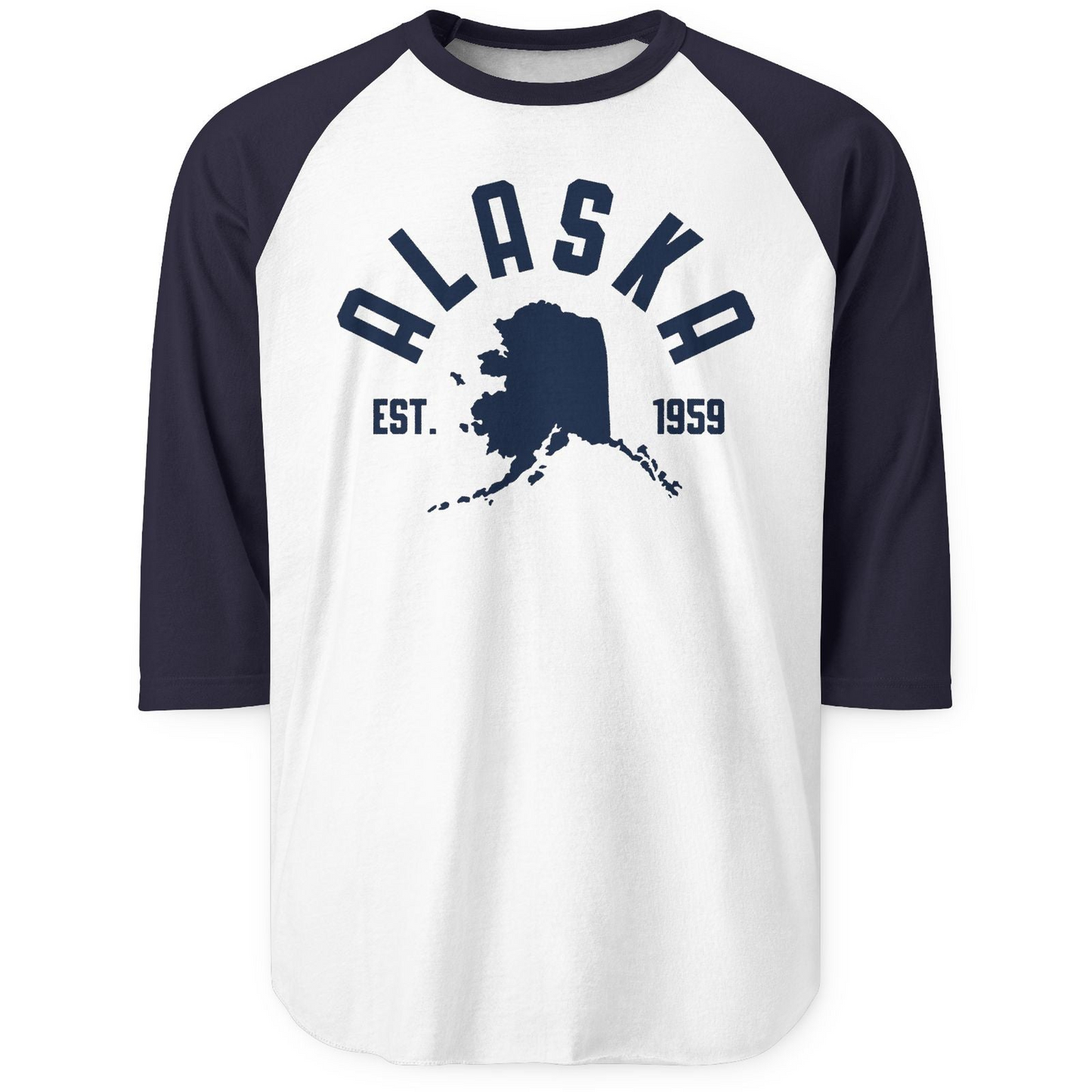 Vintage Alaska State Outline Est 1959 Retro Collegiate Shirt — 3/4 Sleeve 3/4 Sleeve Raglan Shirt – White/Navy – Alaska Cruise Shirts