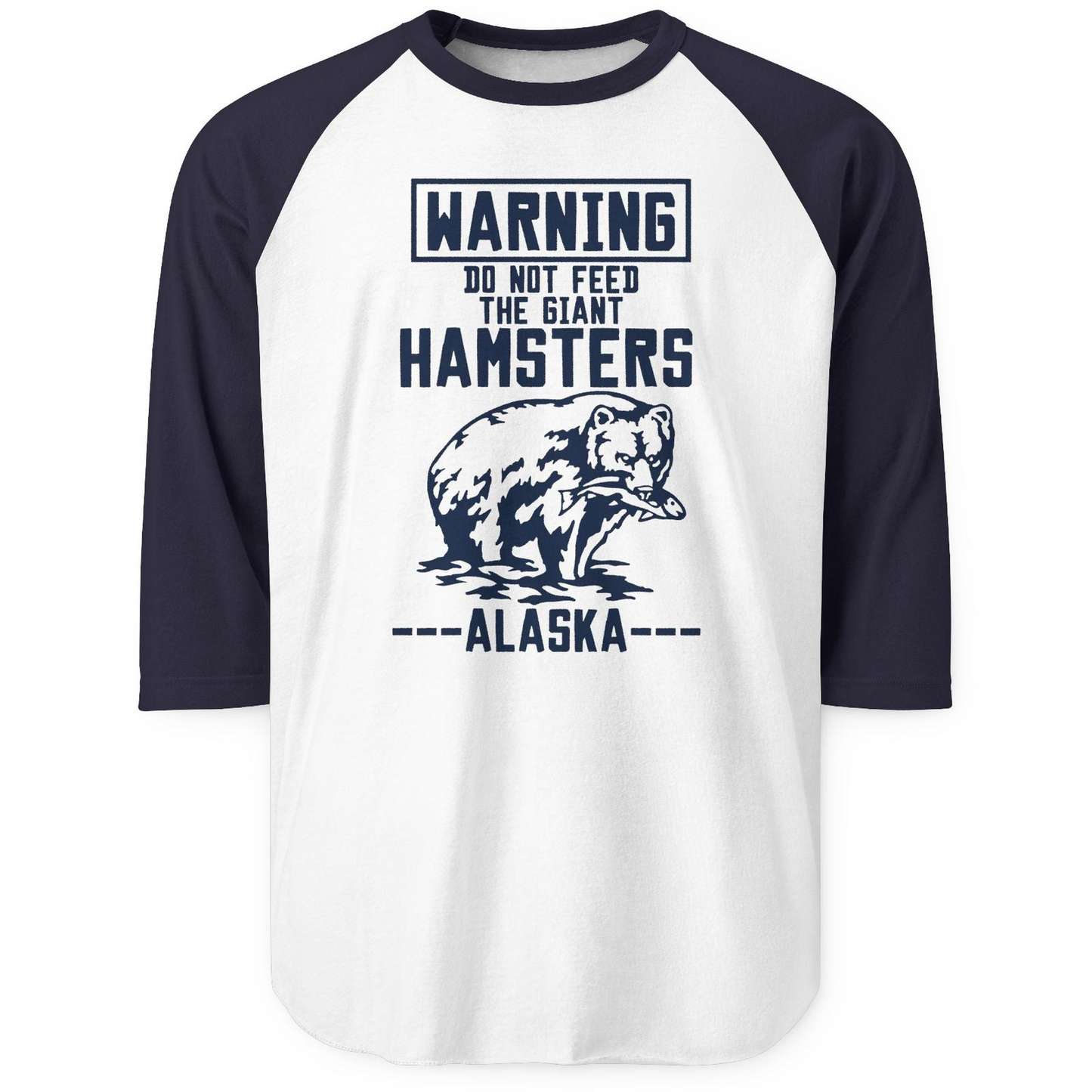 Funny Alaska Bear Warning Sign Shirt 3/4 Sleeve Raglan Shirt – White/Navy – Alaska Cruise Shirts