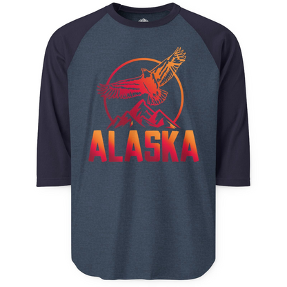 Alaska Eagle Mountains Graphic Shirt 3/4 Sleeve Raglan Shirt – Heather Denim/Navy – Alaska Cruise Shirts