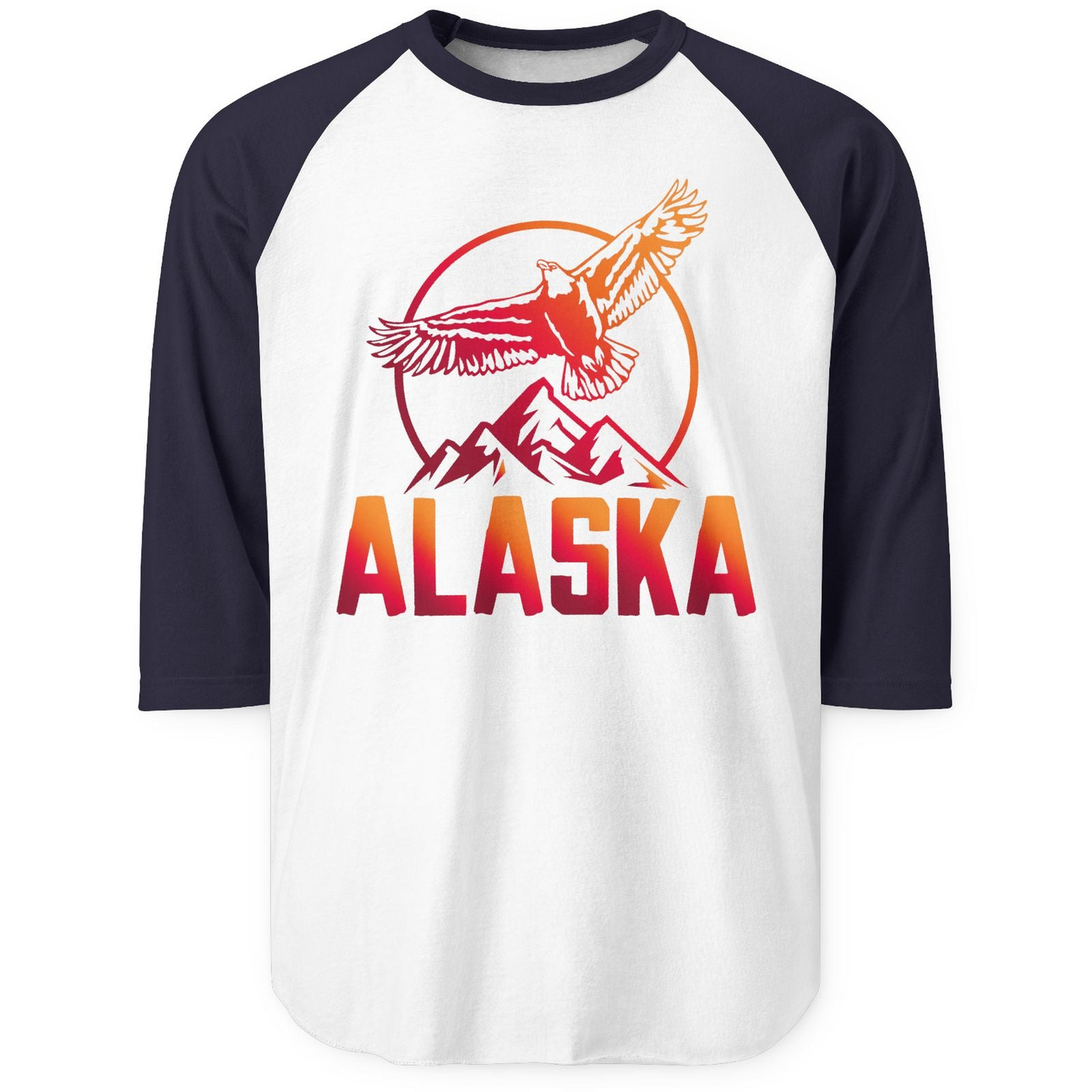 Alaska Eagle Mountains Graphic Shirt 3/4 Sleeve Raglan Shirt – White/Navy – Alaska Cruise Shirts