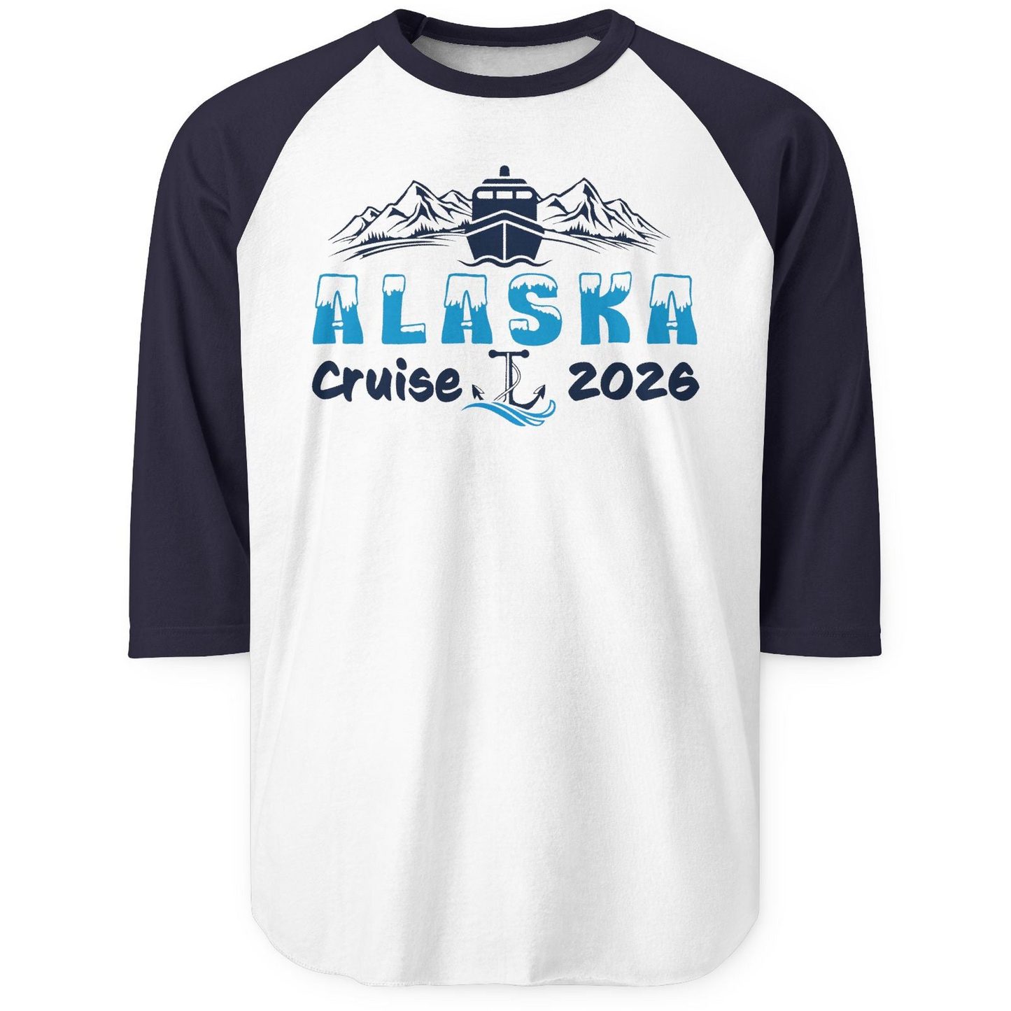 Alaska Cruise 2026 Shirt 3/4 Sleeve Raglan Shirt – White/Navy – Alaska Cruise Shirts