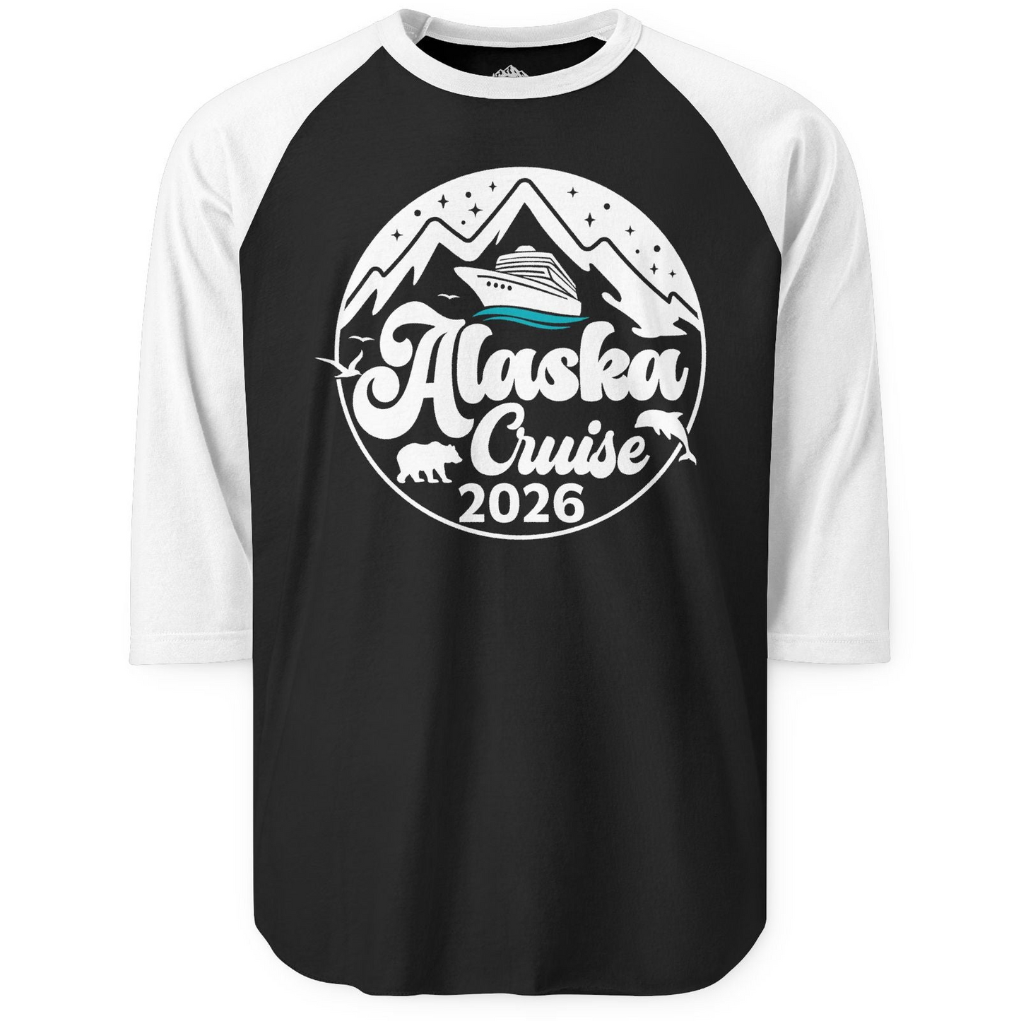 Alaska Cruise 2026 Shirt 3/4 Sleeve Raglan Shirt – Black/White – Alaska Cruise Shirts