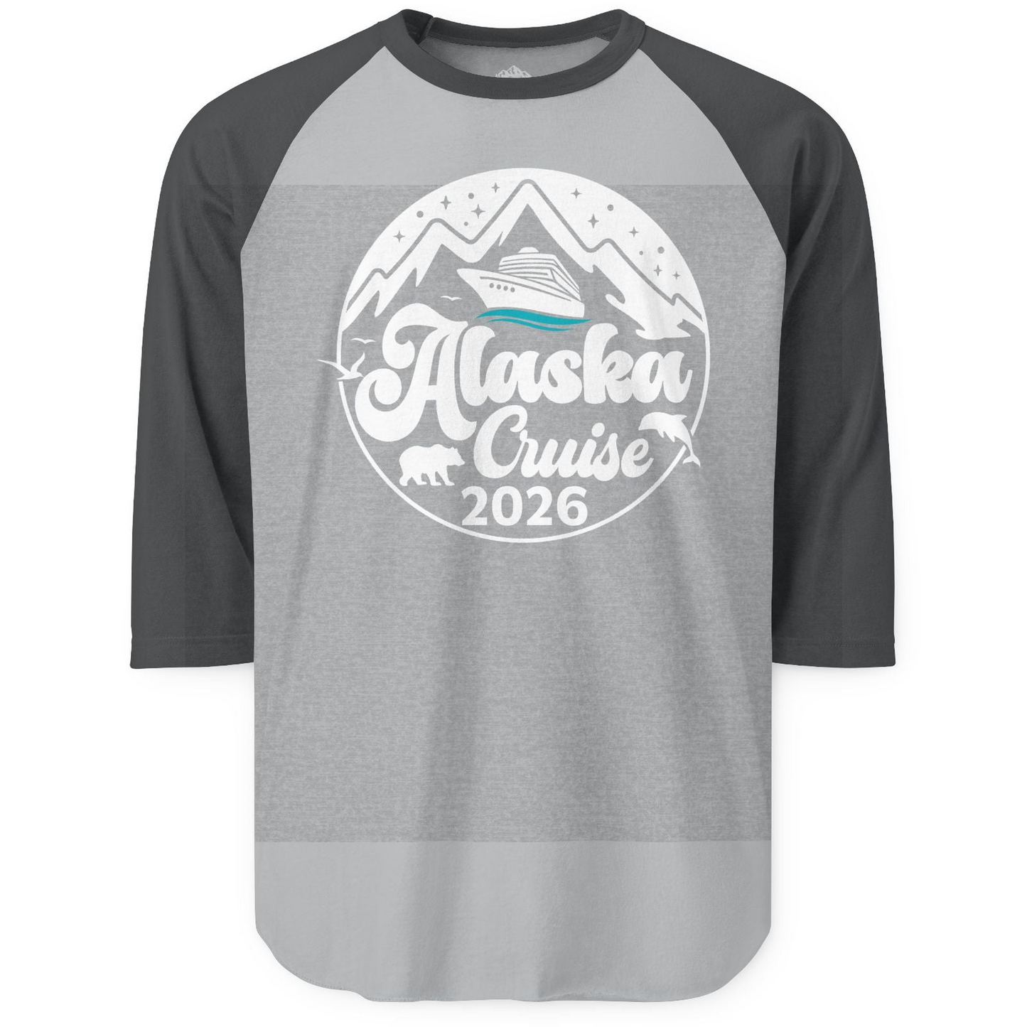 Alaska Cruise 2026 Shirt 3/4 Sleeve Raglan Shirt – Heather Grey/Heather Charcoal – Alaska Cruise Shirts